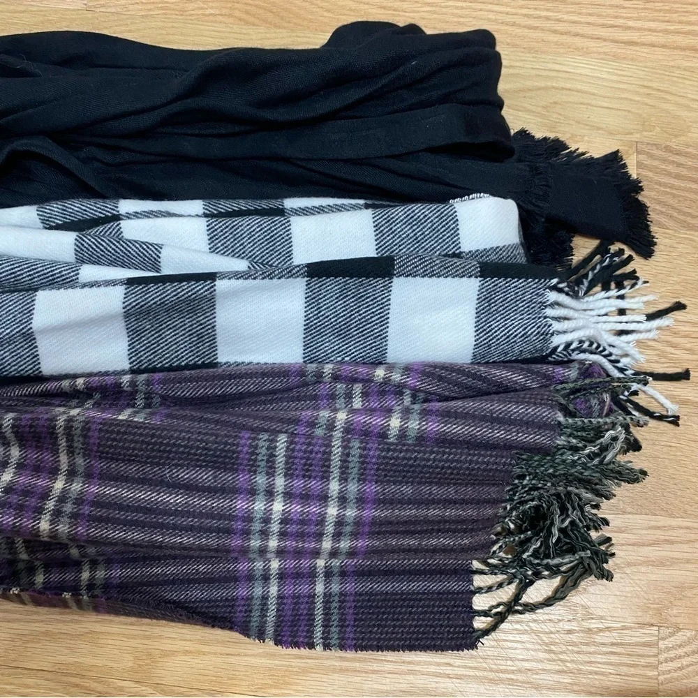 Scarf Bundle Purple Plaid Fringe Black Gray Striped